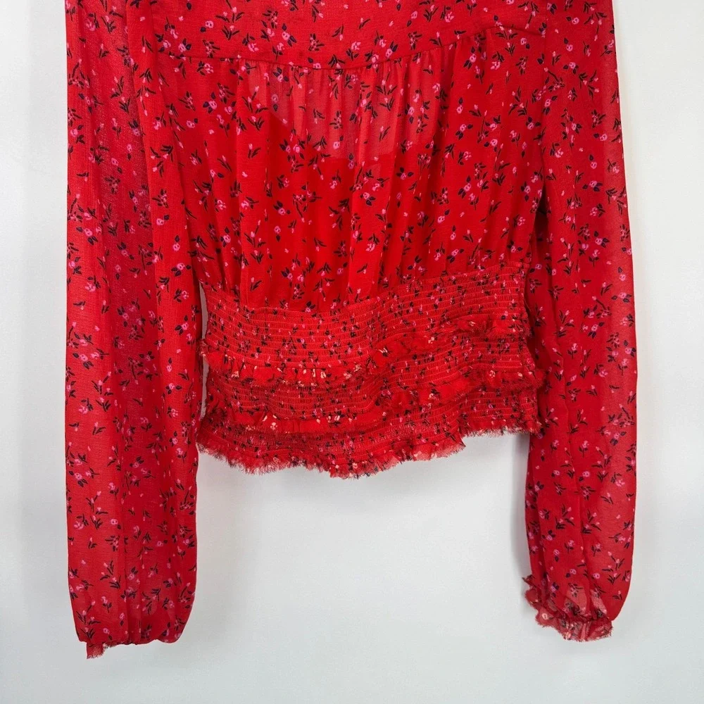Free People Red Floral Smocked‎ Crop Top Long Sleeve Country Boho Blouse Medium
